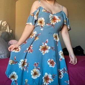 Blue asymmetrical dress with flowers